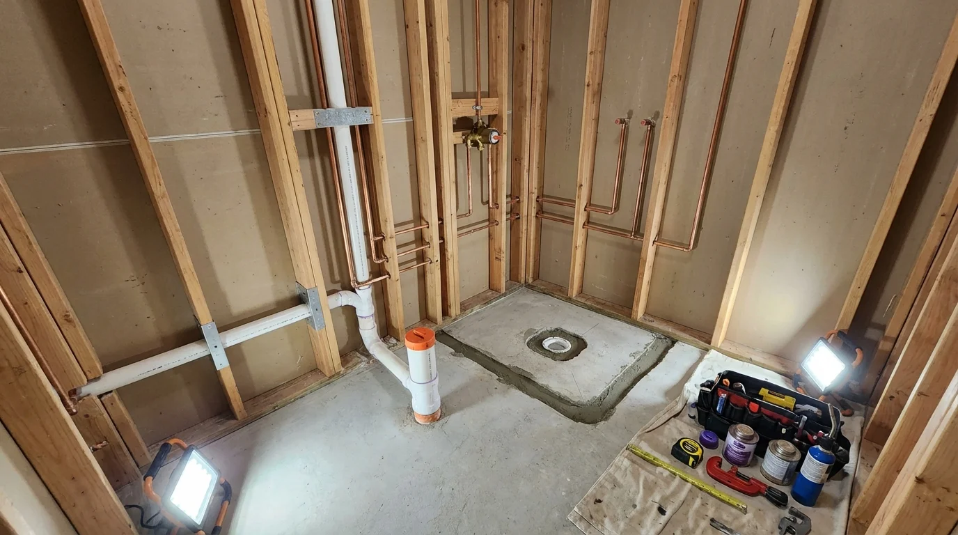 Bathroom rough-in plumbing during remodel by Johns Plumbing LLC in Cookeville