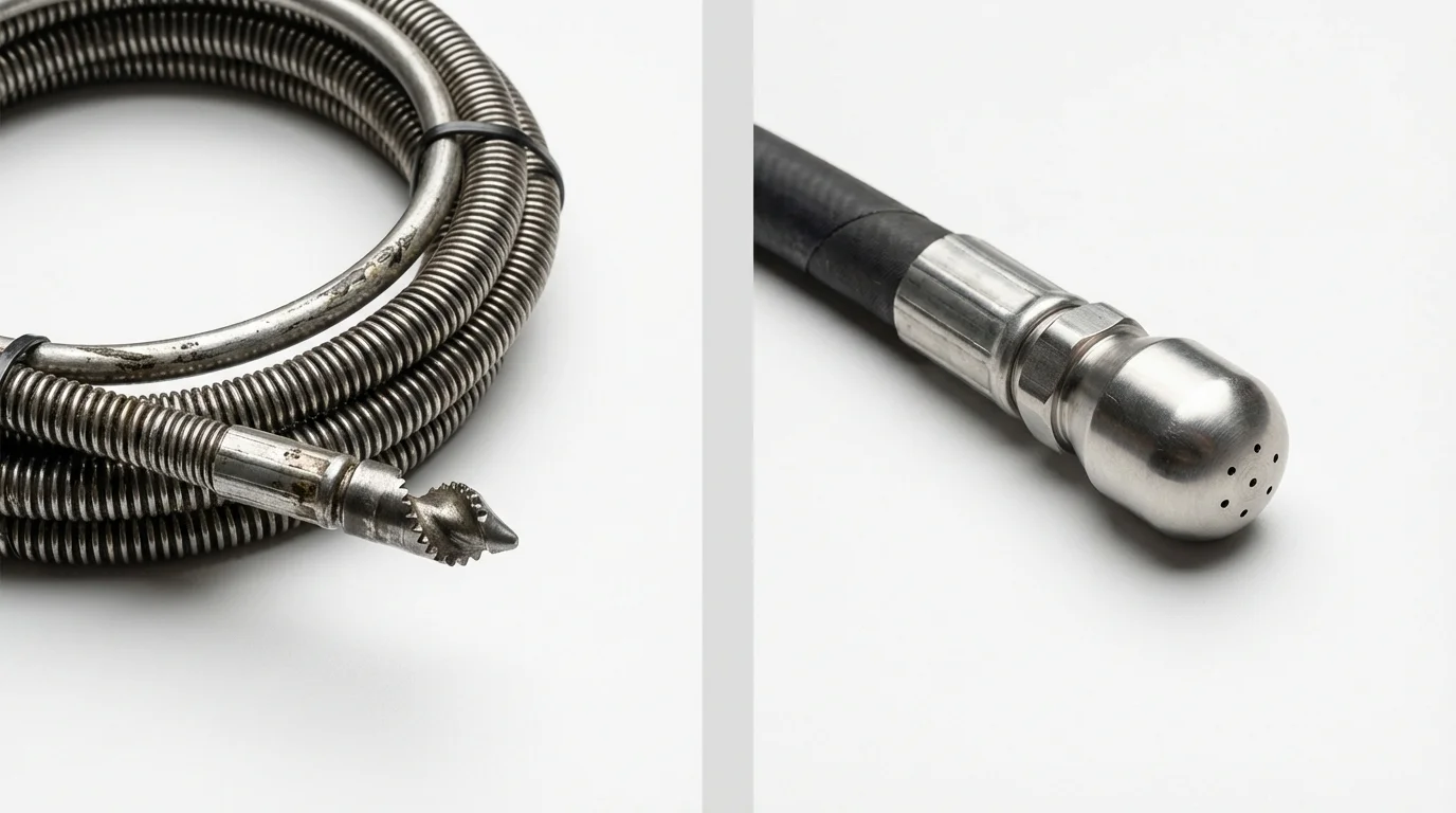 Drain snake cable and hydro jetting nozzle used for drain cleaning in Cookeville, TN