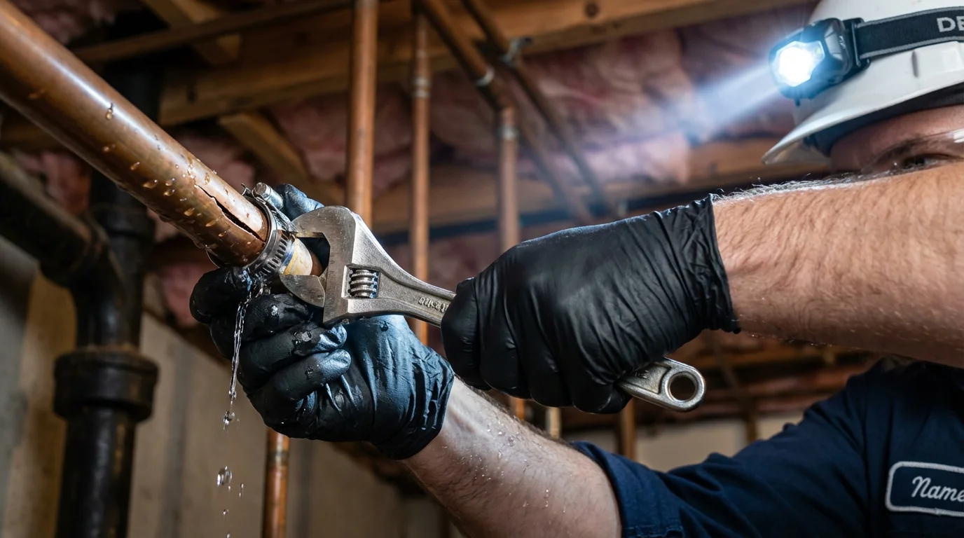 Emergency pipe clamp repair being performed by a Johns Plumbing LLC plumber in Cookeville