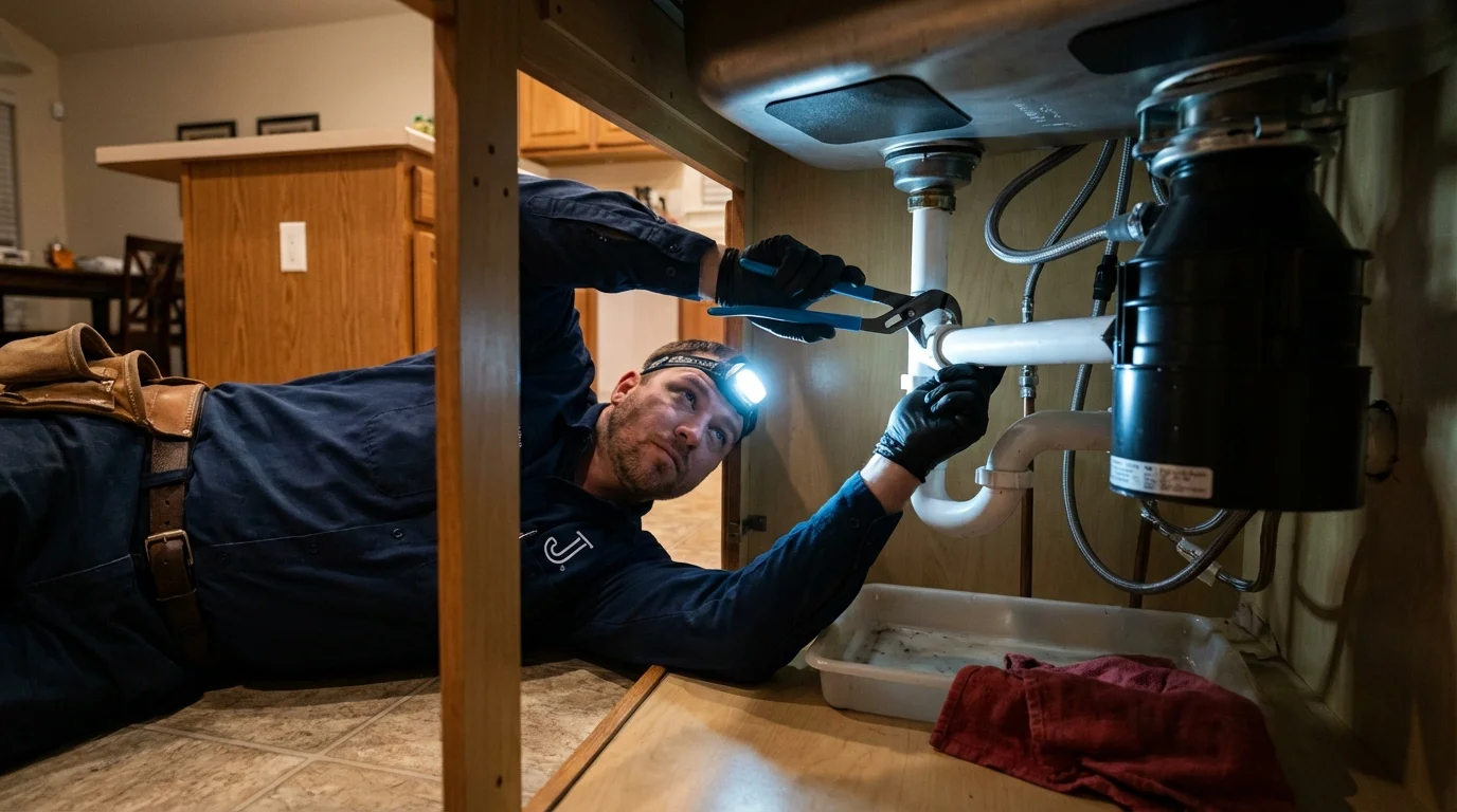 P-trap and supply line connections under a kitchen sink showing a common leak point in Cookeville, TN